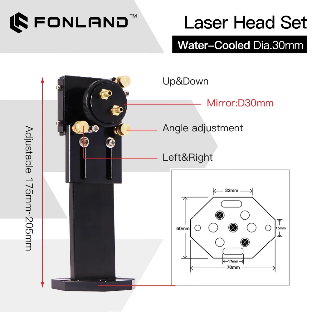 Fonland-Co2彫刻機用水冷付きレーザーヘッドインターフェースミラー、30mmレンズ、25mm直径、統合マウント