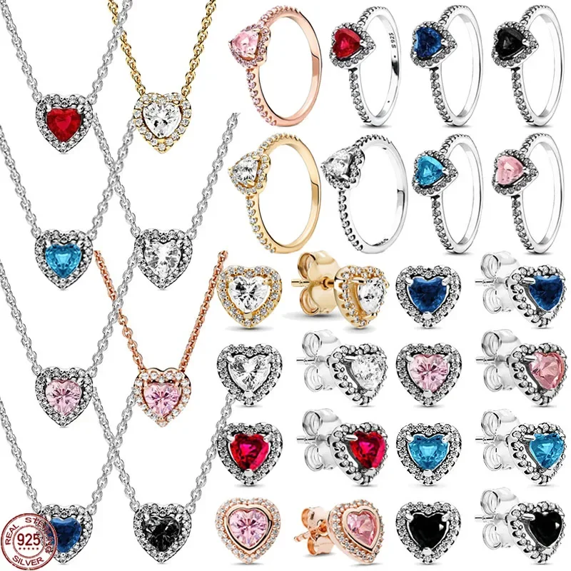 Classic 925 Sterling Silver New Shiny Various Colors Heart-shaped Ring Earrings Necklace Exquisite Charm Jewelry Surprise Gifts