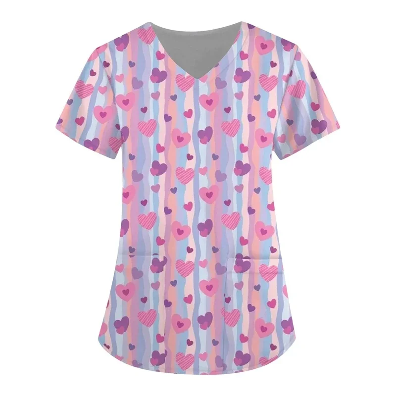 Elegant heart-print women's nurse uniformTShirt VShort-sleeved medical workwear with collar Dental Clinic Pet Hospital