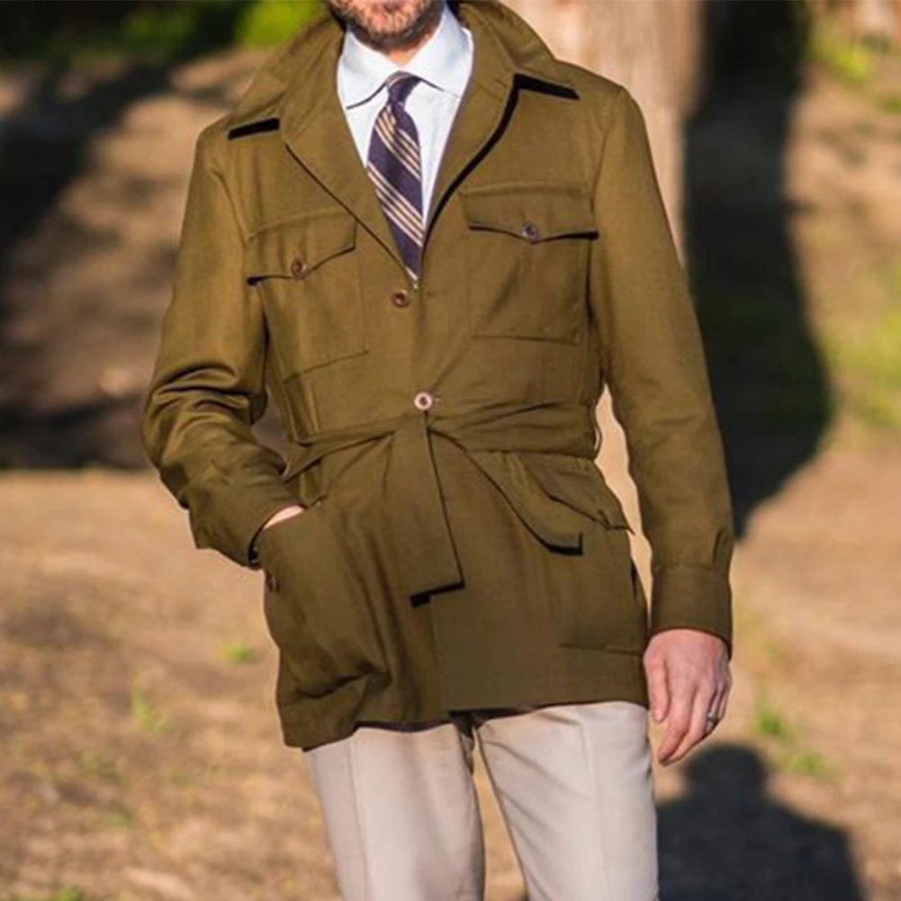 Spring Autumn Men's Casual Pockets Safari Style Jackets Vintage Single Breasted Windbreaker Slim Coats Outwear Men Clothing