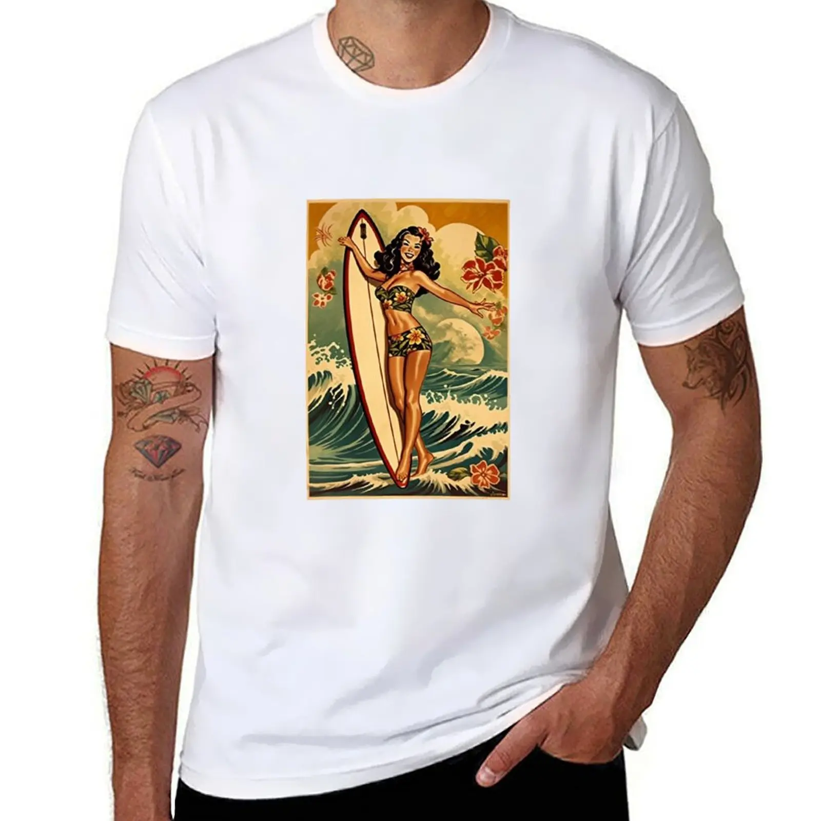 

Classic Sailor Jerry Hula Girl Dancing with Surfboard Art Print Vintage Hawaiian Poster T-Shirt man tshirt t shirt man casual