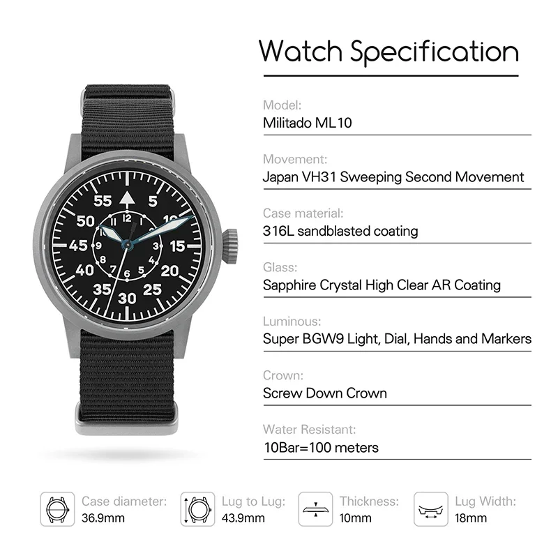 Militado ML10 Military Field Watch Sweeping Second Movement Sapphire Crystal With High Clear AR Coating Wristwatch mens watch