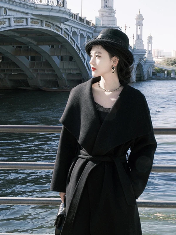 

Bla Double-Faced Camere Woolen Coat Women's Winter Korean Sle High-End Feel Small Size Turn Collar eep Camere Coat