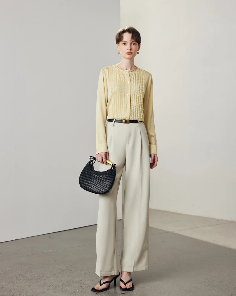 90% Silk 10% Spandex Women's Shirt O Neck Long Sleeves Ruffles Elegant Fashion Blouse Tops