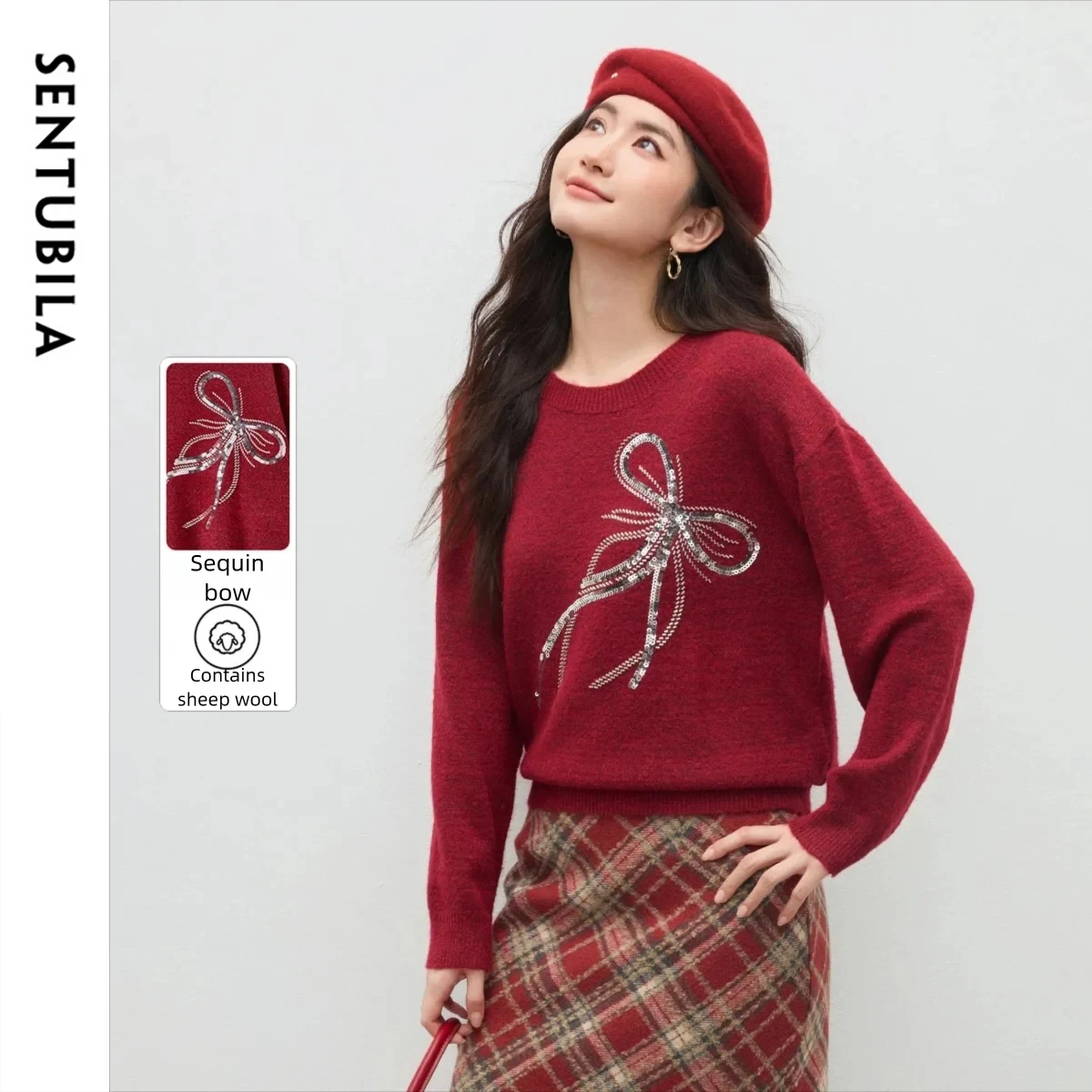 

SENTUBILA женский вязаный пуловер, осень 202, свободный мягкий эластичный топ с круглым вырезом и бантом, удобный повседневный свитер W54EE3862