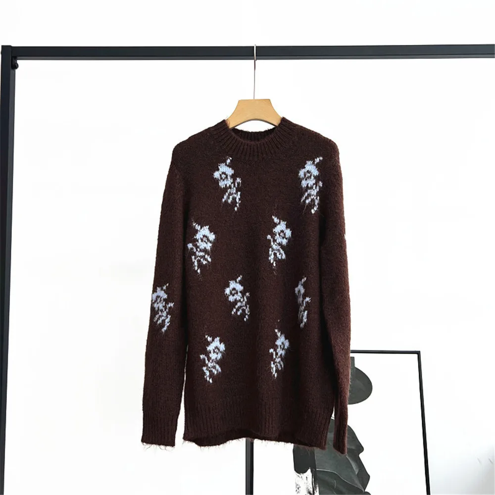 

25 Autumn/Winter New Product Women's Round Neck Long Sleeve Jacquard Contrast Flower Wool Blended Knitted Sweater