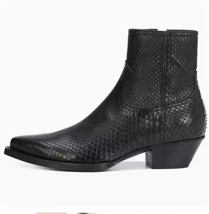 

British Style Python Cow Leather Chelsea Boots Med Chunky heels Men Snakeskin Pointed Toe Ankle Boots Man Hombres