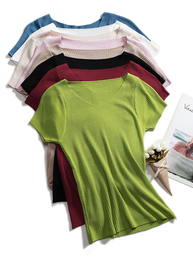 

Pullover knitted Short Sleeve knitted Sweater Women Spring Summer Slim Basic Solid Casual Base Female knitting shirts 2024 Korea