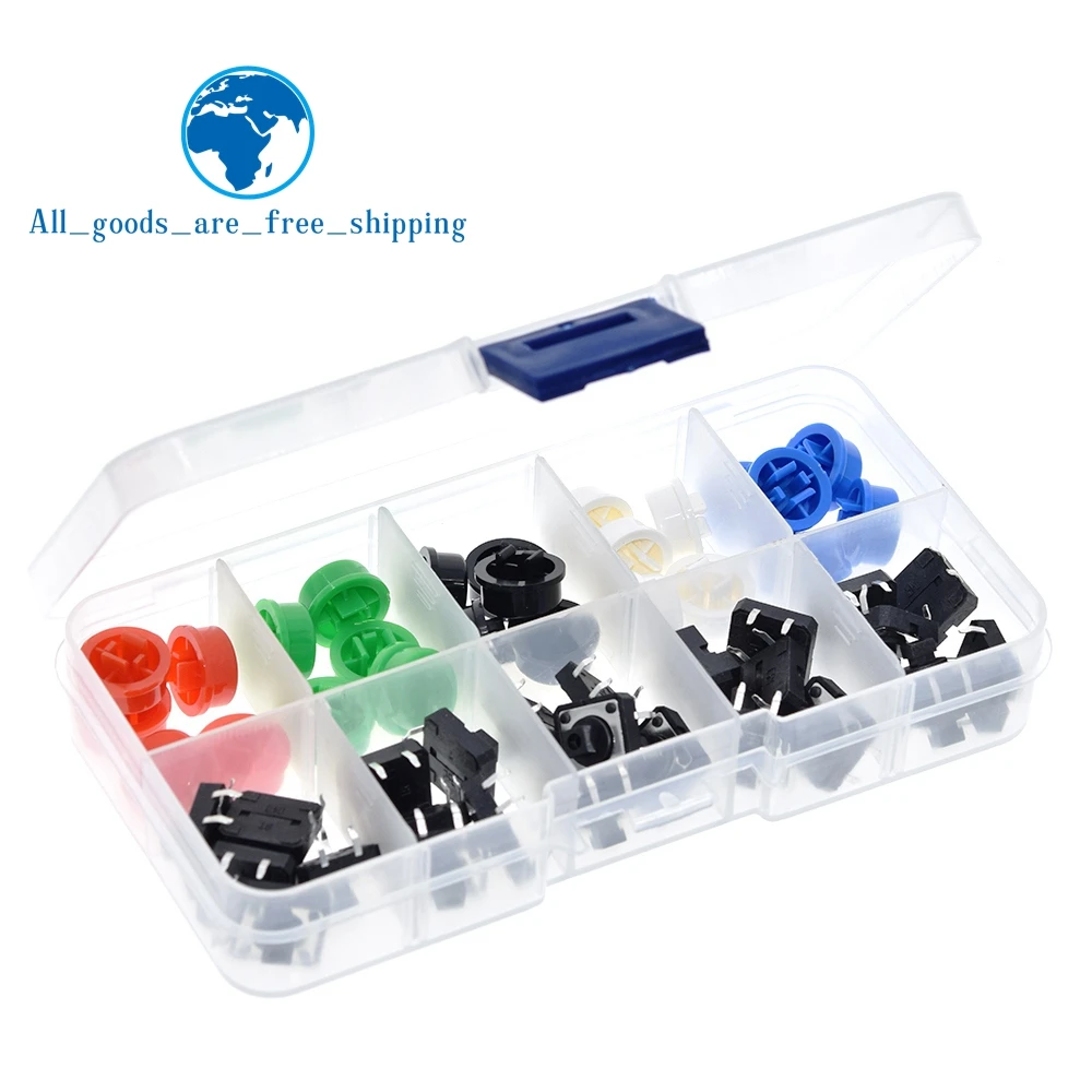 

25 шт. тактильный кнопочный переключатель мгновенного действия 12*12*7,3 мм кнопка микропереключателя + 25 шт. тактовый колпачок (5 цветов) для Arduino с чехлом