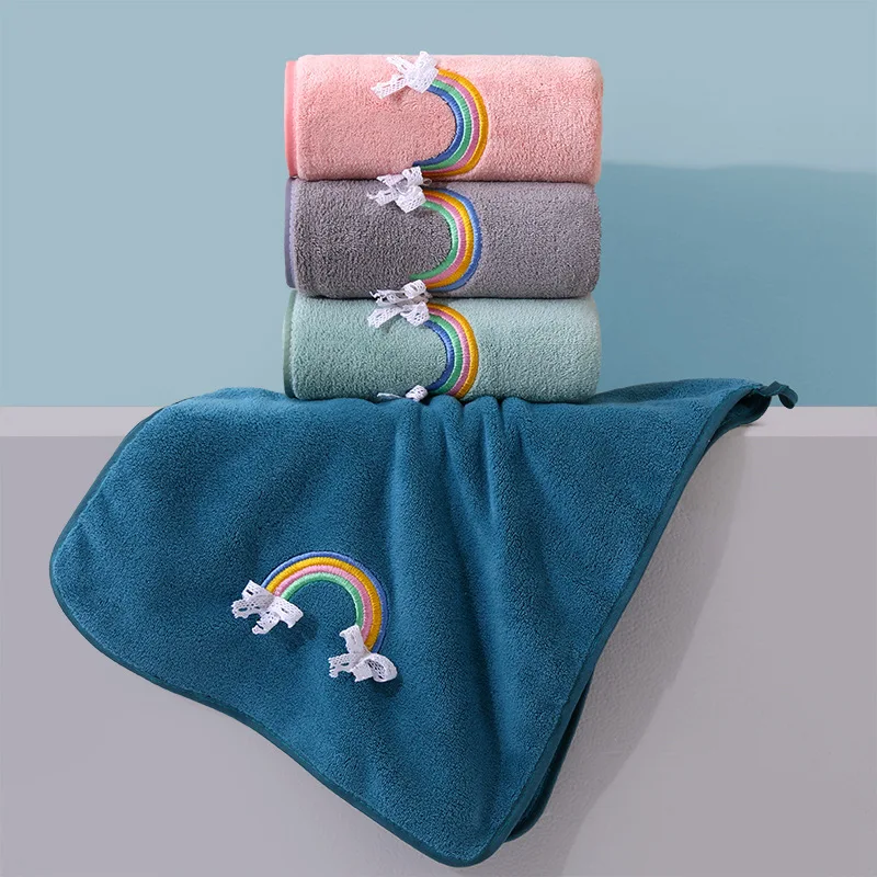 Quick Drying Coral Velvet Towel Rainbow Embroidery Hand Towels Bathroom Thickened Baby Shower Bath Towel Christmas Gift Supplies