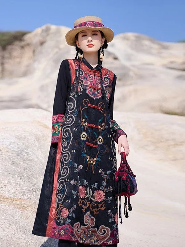 

Retro Ethnic Sle Women's Fitted Embroidered Vest 2025 New Mid-Length Open-irt Design for Outerwear Spring Season