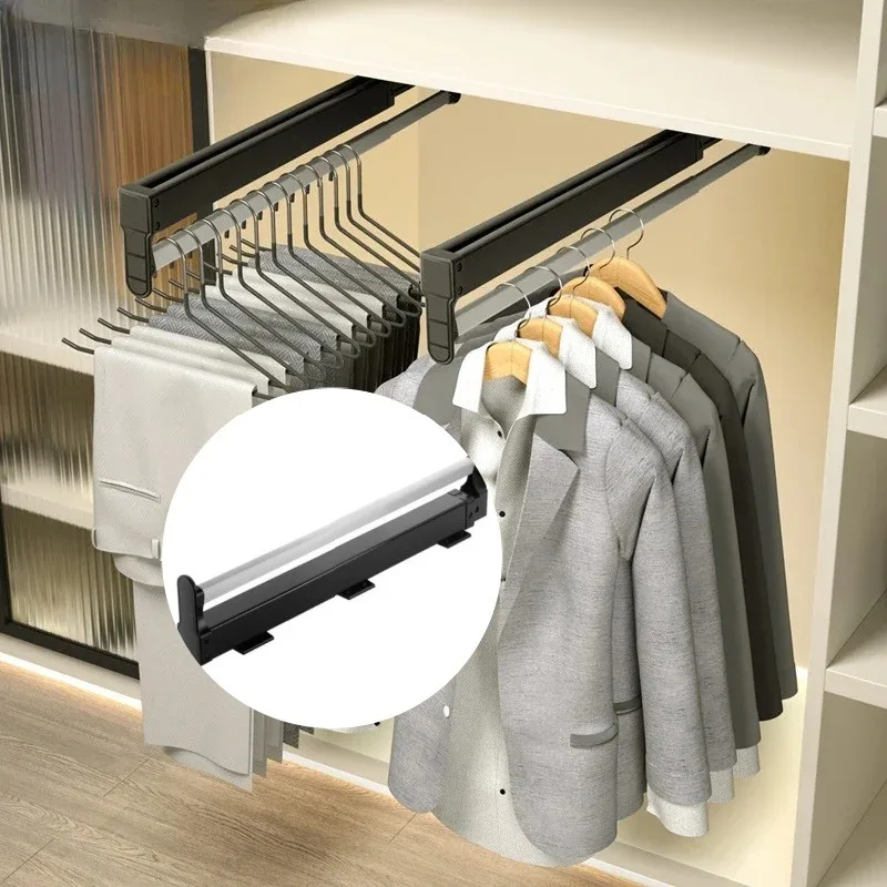 1pc Home Wardrobe Telescopic Hanging Rod Can Store Clothes Pants and Socks Telescopic Slide Rail Design Storage Rack Saves Space