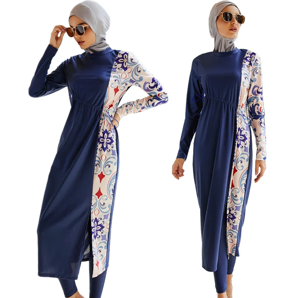 Modest Islamic Swimwear Print Robe Long 3 Piece Set Burkini Muslim Women Swimsuit Swimming Bathing Surfing Wear Full Cover Dress