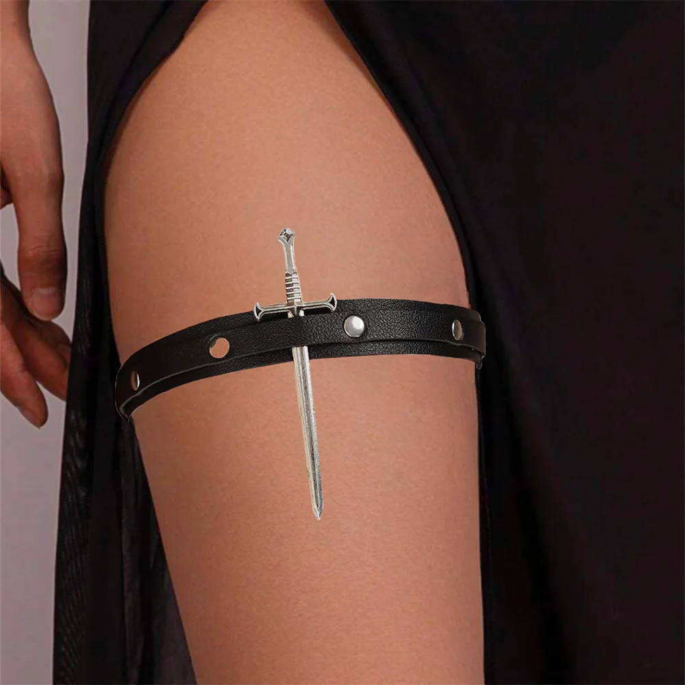 

Средневековый реквизит для ног из искусственной кожи, леггинсы с заклепками в стиле панк, ремень с металлическим мечом, сексуальная регулируемая эластичная подвязка для ног на Хэллоуин