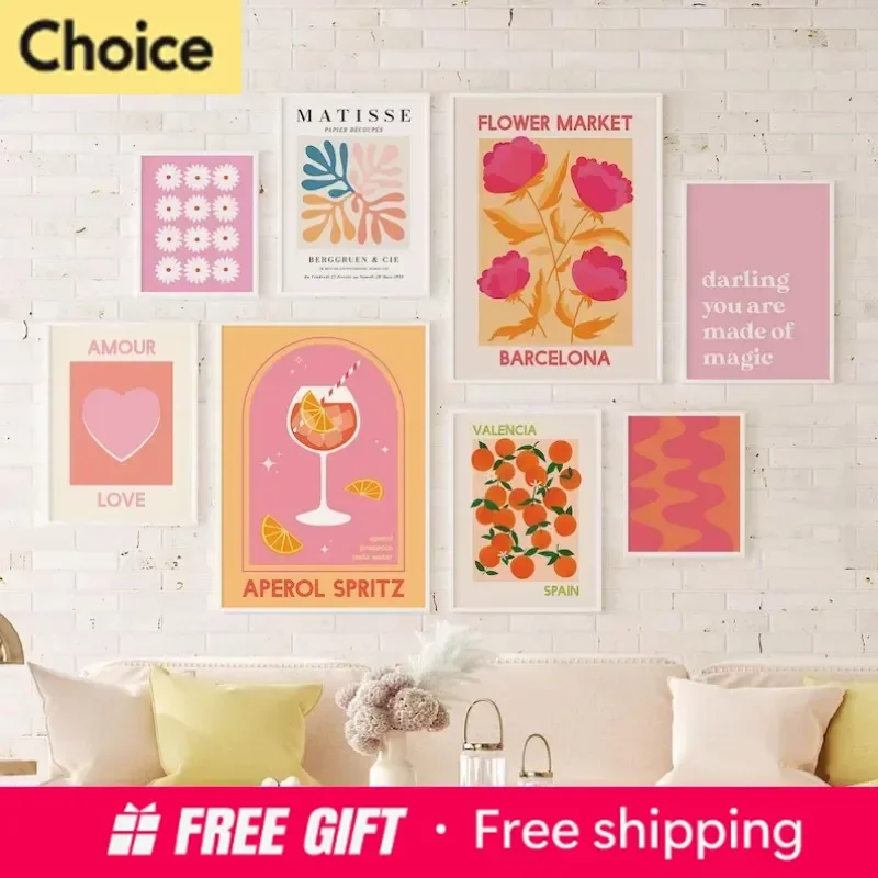 2026 Matisse Juice Fruit Pink Orange Poster Cute Bohemian Art Heart Wall Art Flower Market Fashion Gallery Wall Bedroom Decora
