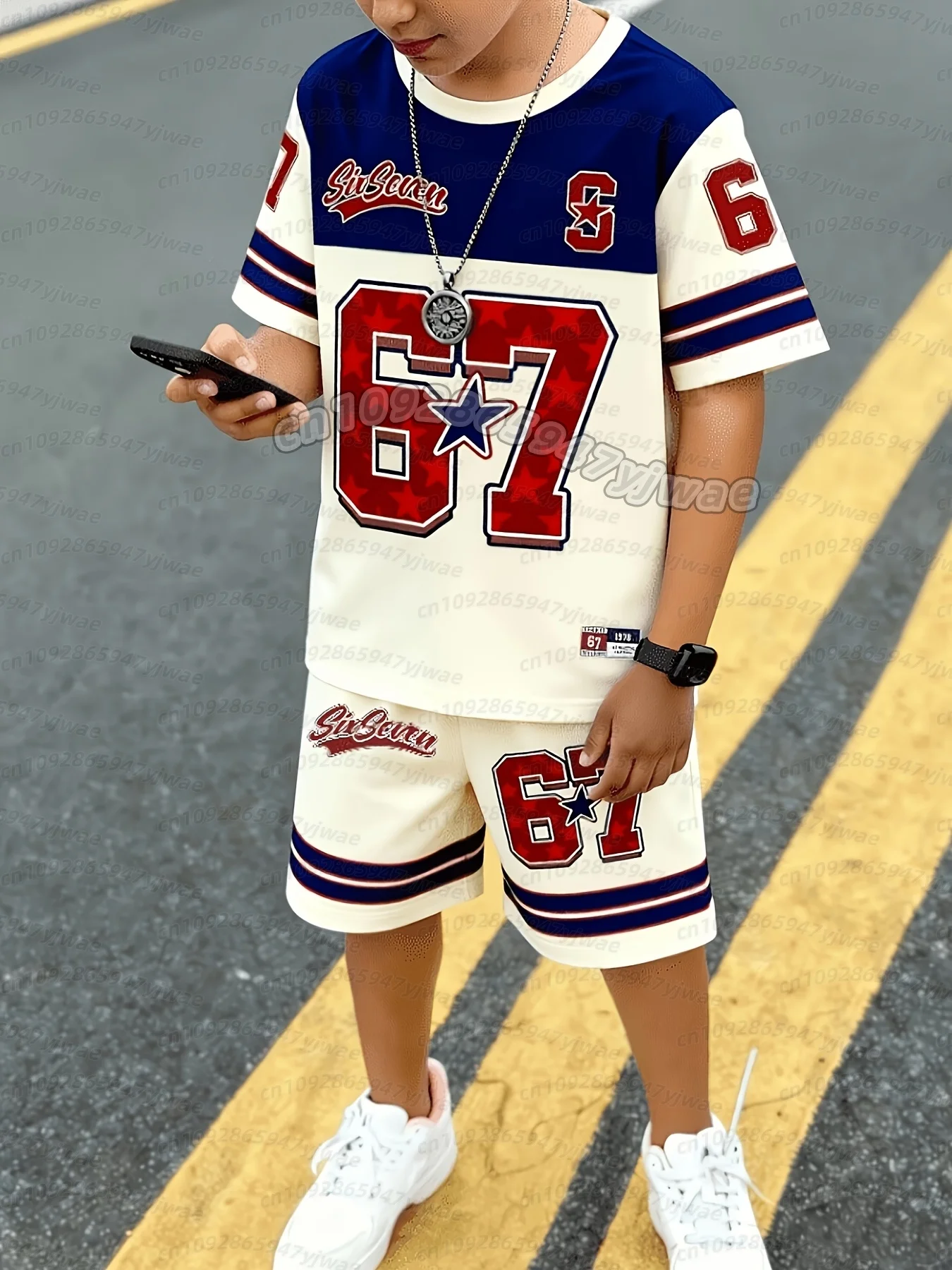 CHICAGO NO.88 PRINT Jersey Boy Kurzarm-Set mit locker sitzenden Shorts und T-Shirt, sportlicher, schnell trocknender Outdoor-Trainingsanzug, 2-teiliges Jungen-Set – Detail 2