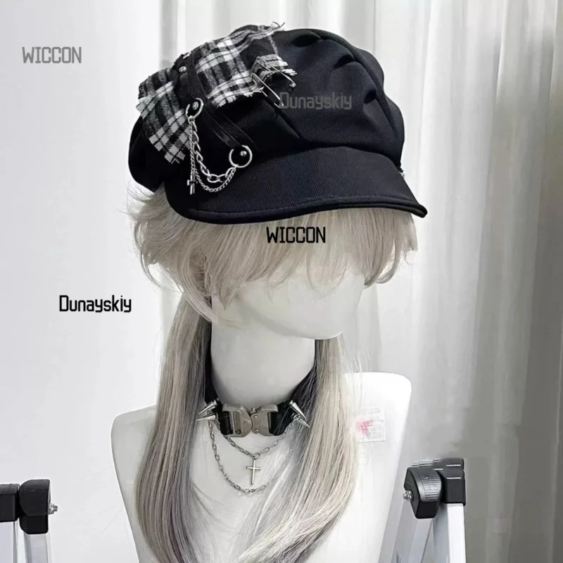 Gothic Punk Beret - Y2K Checkered Cloud  with Cross Embroidered Unisex Dark Academia Accessory Daily Wear & Halloween Cosplay