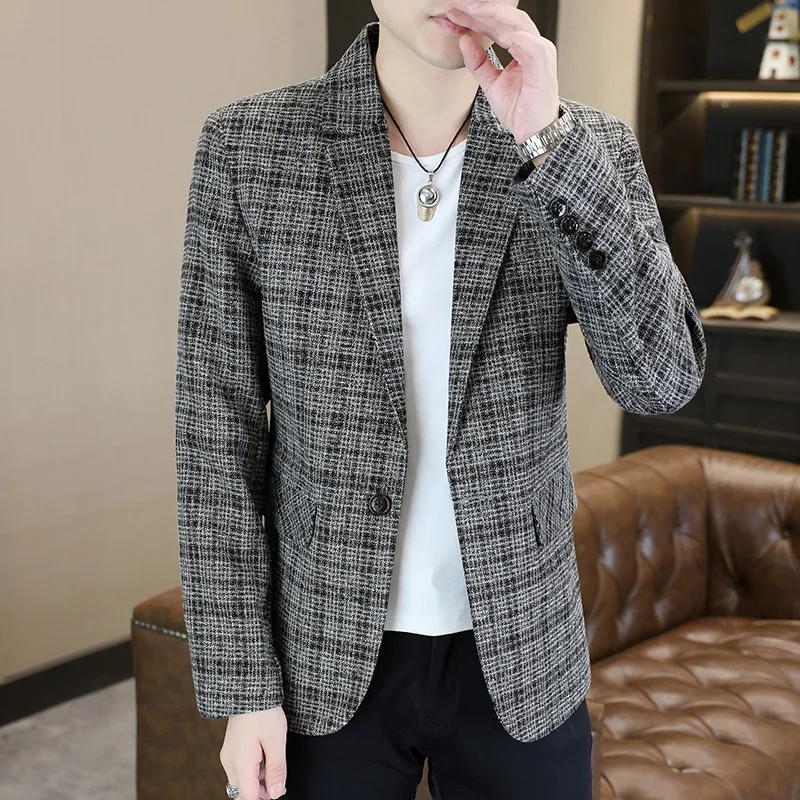 

Briti Sle Slim Fit Plaid Men's Jaet Autumn Spring Single-breasted Faionable Ele Polyester Cotton Blend Coat