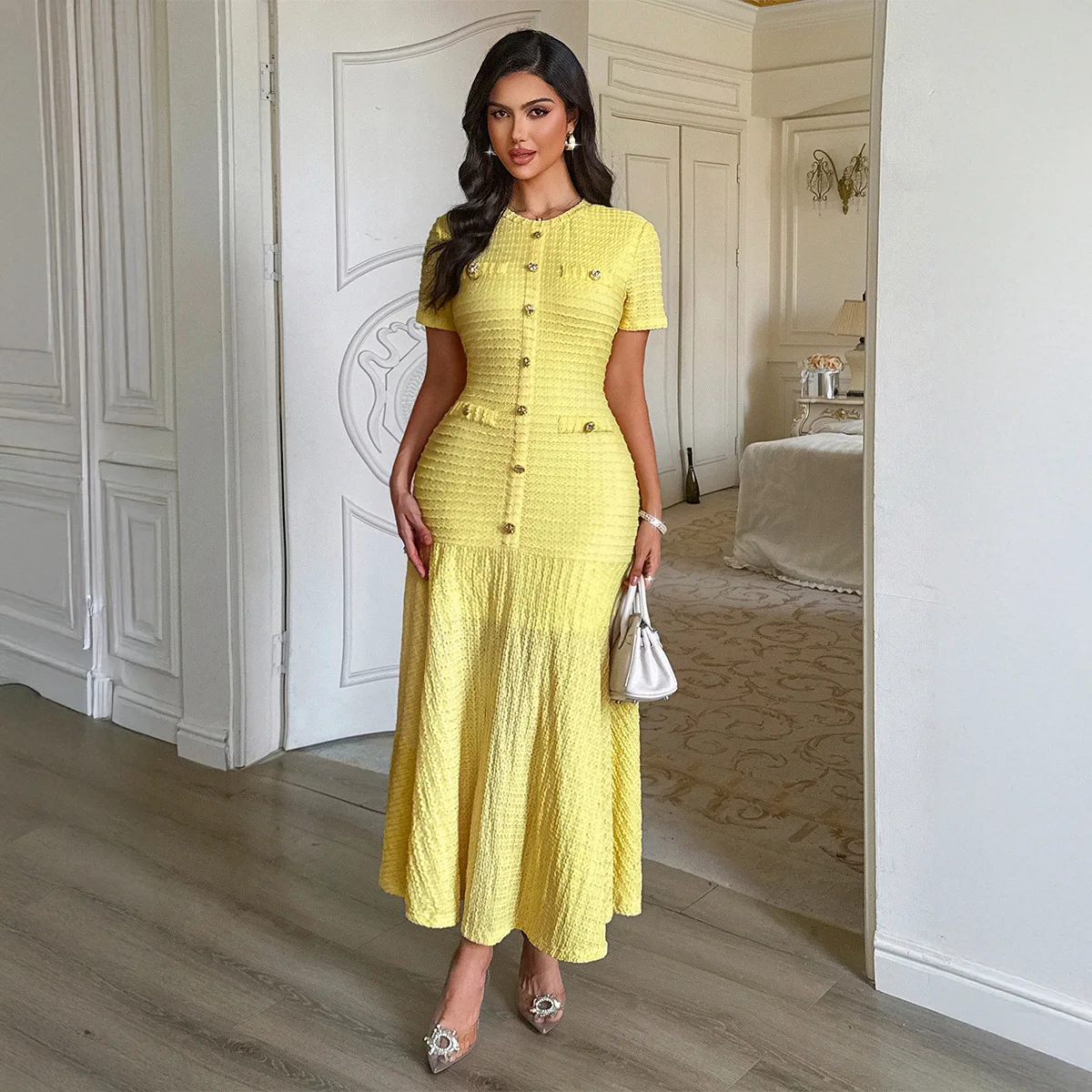 

2026 New Fashion Button Slim Fit Hip Dresses Women Summer Sexy Elegant Solid Color Ruffled Round Neck Short Sleeve Dress Women