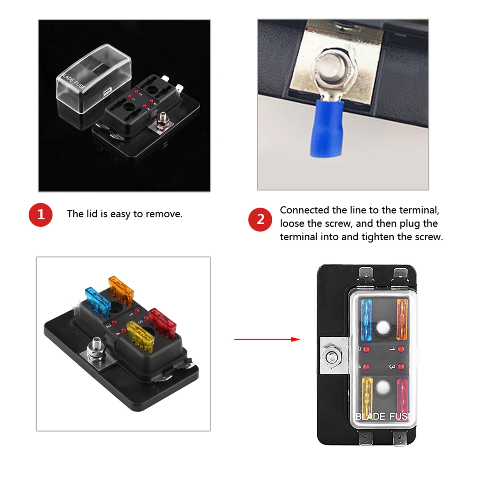 Blade  Box  Block 4 Way Circuit Blade  Box Block Holder With LED Warning Light Kit For Car Van Boat Marine