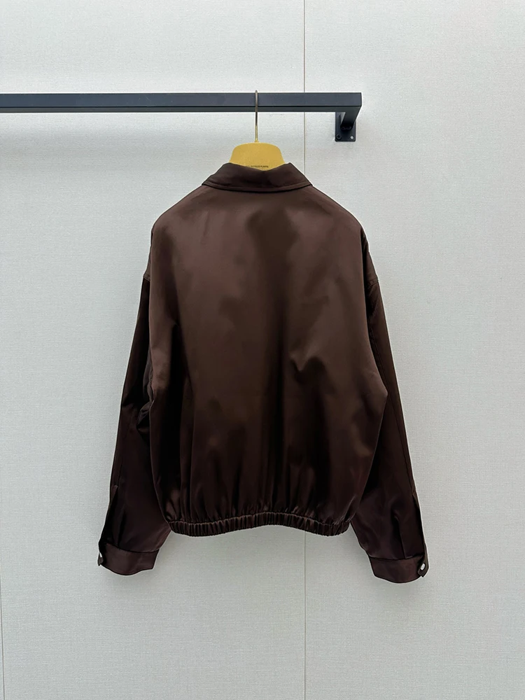 Spring Summer Fashion Russet Brown Vintage Silk Blouses Women's Turn-down Collar Long Sleeve Pocket Elastic Waist Shirt