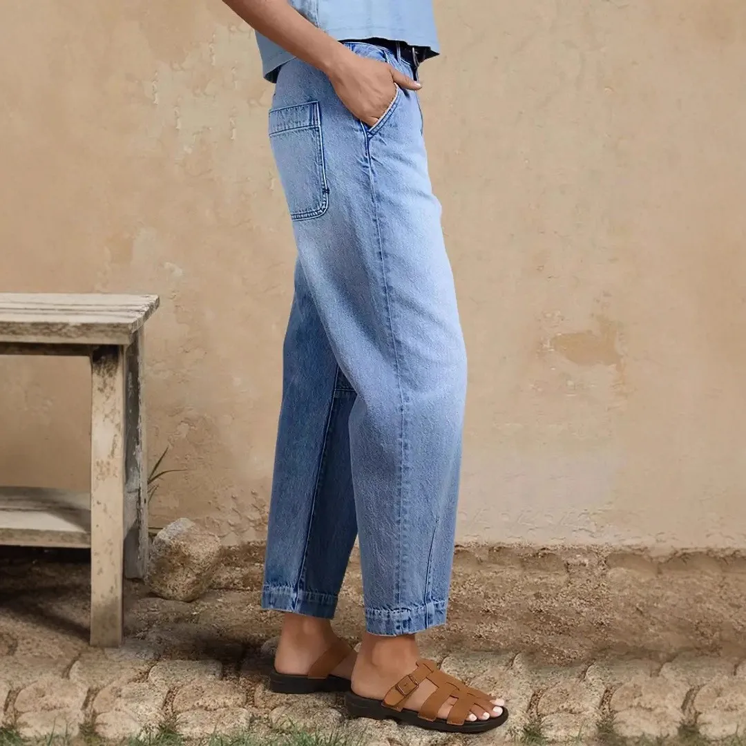 Women Baggy Jeans Cotton High Waist Denim Pants Light Wash Straight Leg Cropped Cuffed Hem Relaxed Fit Streetwear Trousers