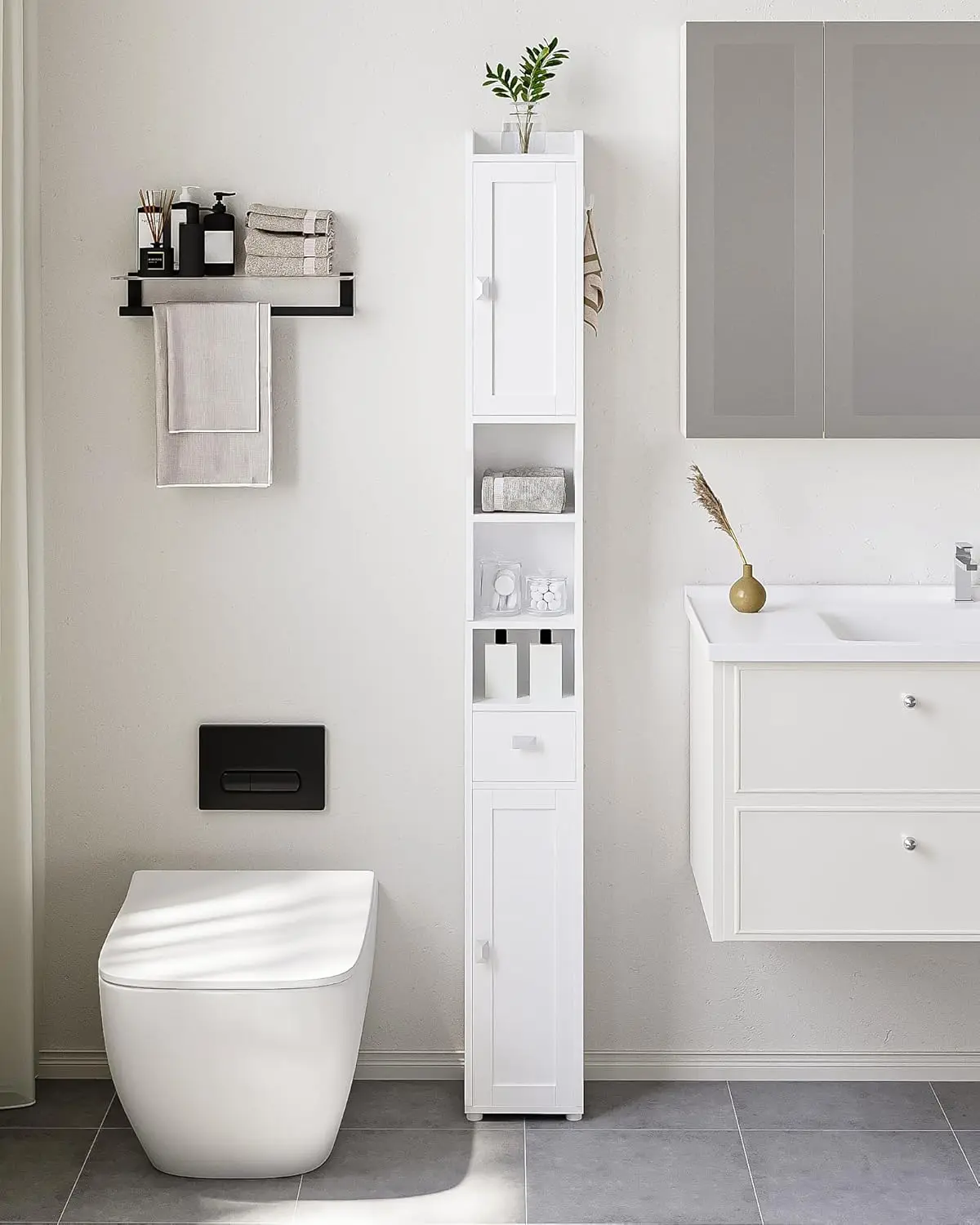

Bathroom Storage Cabinet, Narrow Toilet Paper Storage Cabinet, Tall Toilet Paper Holder with 2 Doors and1 Drawer