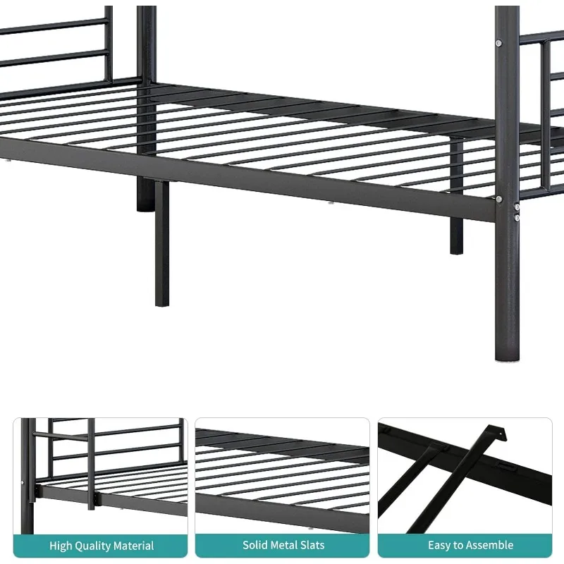 Bunk Bed Twin Over Twin, Heavy Duty Twin Size Metal Bunk Bed Frame with Guardrail & Ladders, Space-Saving, Noise Free