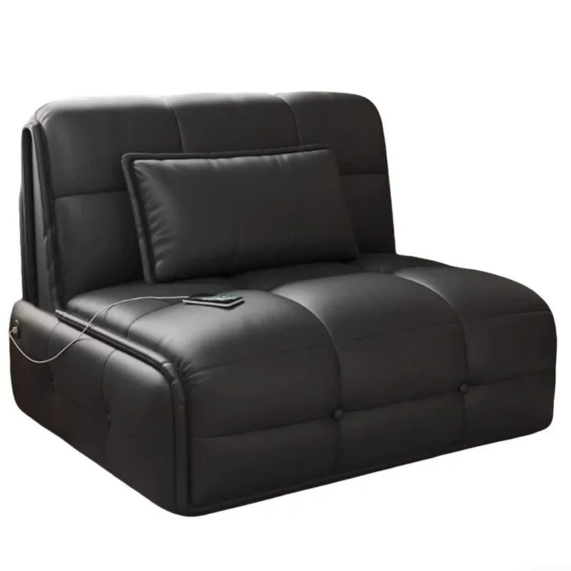 Leather electric sofa bed dual-purpose small apartment living room study apartment intelligent folding telescopic storage sofa