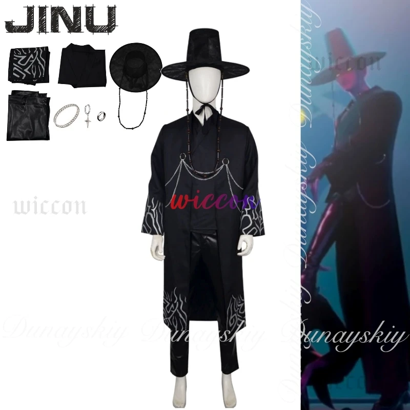 Kpop demon hunters filme jinu cosplay saja meninos com roupões pretos e traje de canto e mesma peruca preta cosplay traje conjunto completo