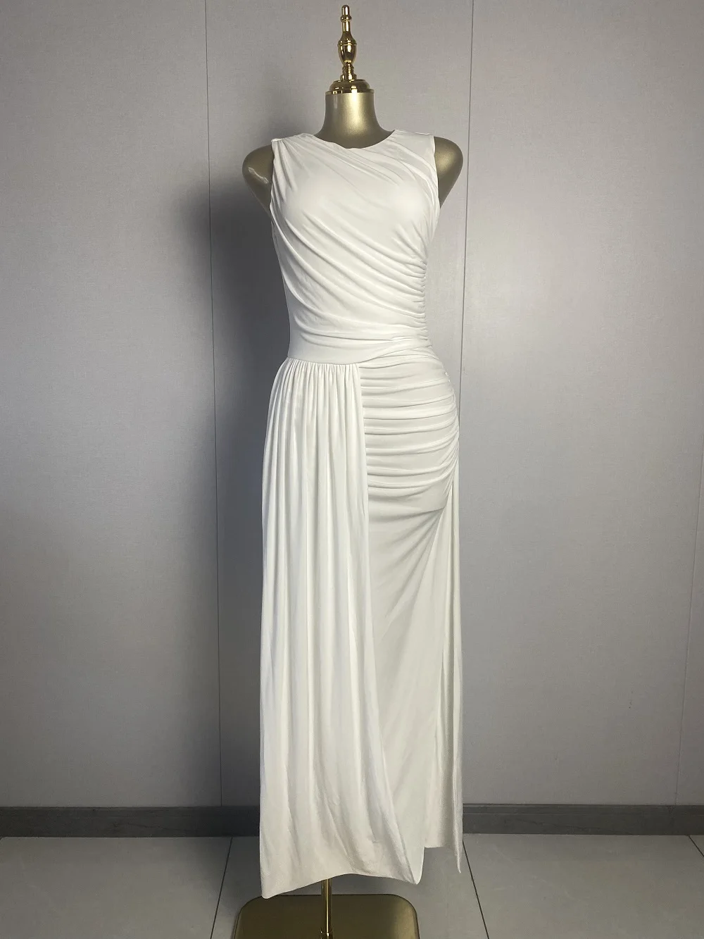 

New Women Sexy Sleeveless O Neck Ruched Split White Dress 2025 Elegant Evening Club Luxury Birthday Party Dresses