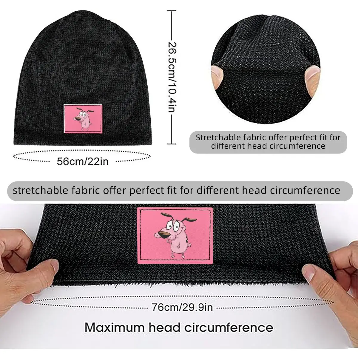Cowardly Dog C-Courage Cartoon Waffle Knit Fleece Lined Beanie with PU Leather Patch Unisex Warm Winter Soft Cap