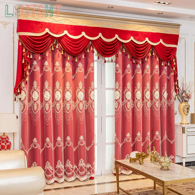 European-style Curtains for Living Room Bedroom High-end Red Curtain Embossed Embroidery Window Screening Wedding Curtain Custom