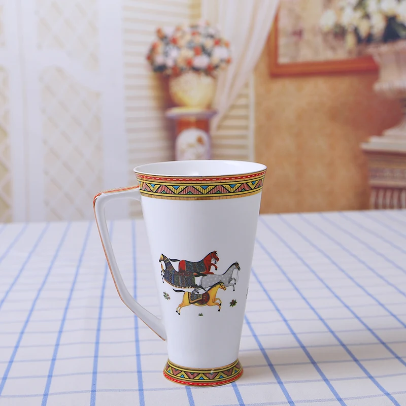 500ML Big Size Beer Cup for Woman Man Horse Pattern Coffee Mug with Gold Line Set Ceramic Cups Coffee Mug Bone China Tea Cup