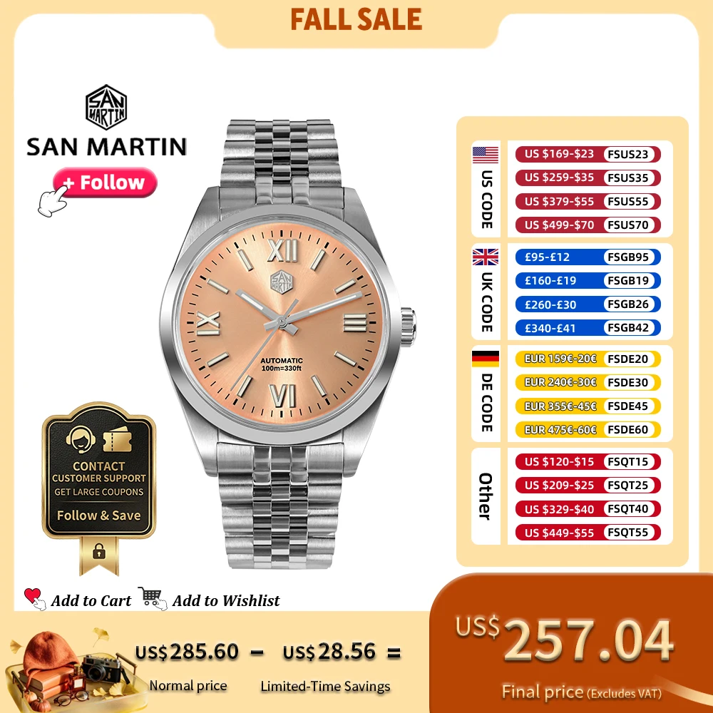 San Martin 39mm Men Dress Automatic Mechanical Watch Steel YN55 Roman Numeral Sunray Dial Business Watches Sapphire 10Bar SN0050