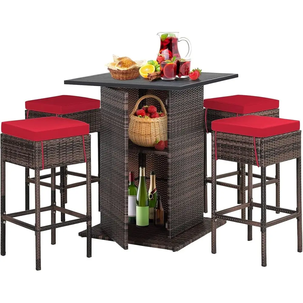 

Outdoor Rattan Bar Set with Table and 4 Stools, Cushioned Patio Furniture, Heavy-Duty Steel Frame