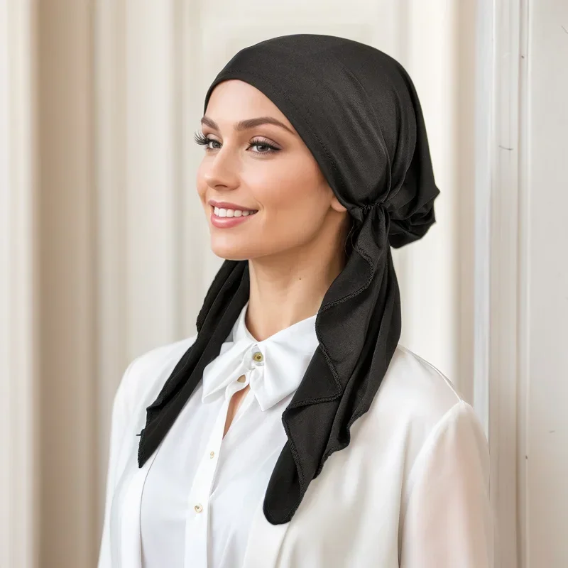 

Pre-Tied Hat Muslim Hijab Headscarf Women Inner Head Wrap Bonnet Stretch Headwear Islam Long Tail Head Cover Chemo Cap Turbante