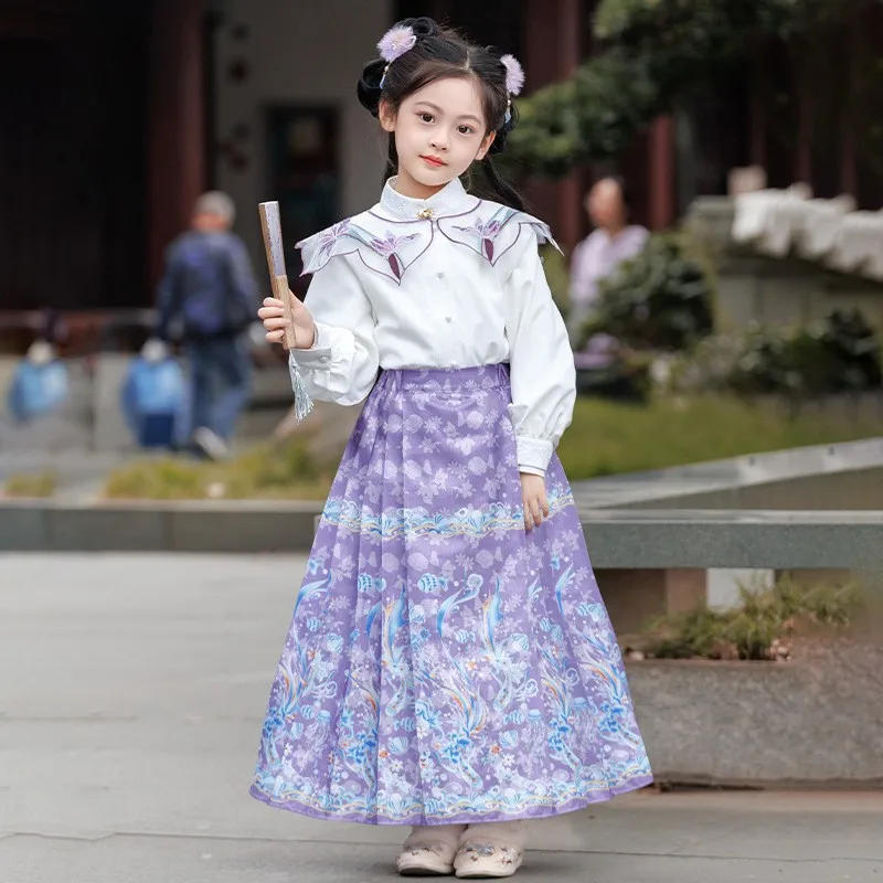 

Vintage Girls Chinese Hanfu Horse-face Skirt Baby Tang Suit Children Ancient Chinese Traditional Costume Kids New Year Clothes