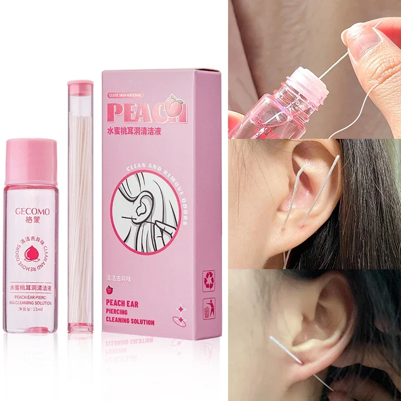 Pierced Ear Cleaning Set Solution Peach Flavor Floss Cotton Thread Ear Hole Aftercare Tool Kit Disposable Earrings Hole Cleaner