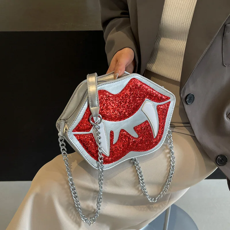 Women\'s Small Crossbody Bags Sequin Handbag Female Fashion Cute Red-mouth Chain Purse 2024 New Shoulder Bag Lady