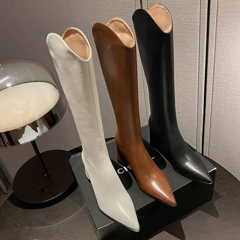 Krazing Pot Cow Leather Pointed Toe Thick High Heels Winter Knight Boots Model Runway Show Superstar Slip On Thigh High Boots