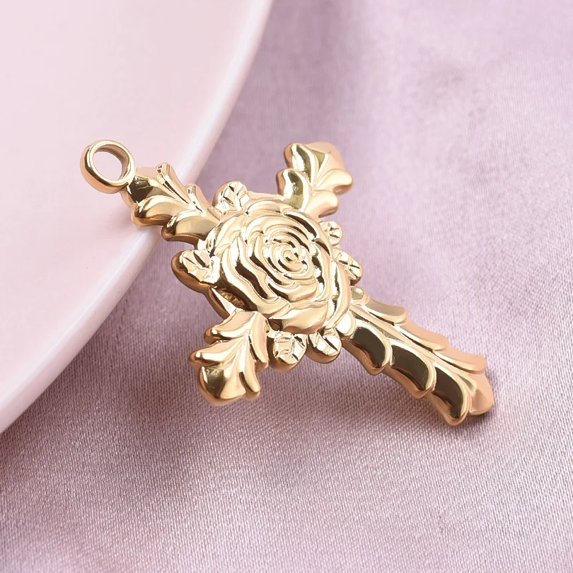 5pcs Real Gold Plated Amulet Stainless Steel Cross Pendants For Jewelry Making Supplies Diy Rose Flower/Ankh/Nail Crosses Charm