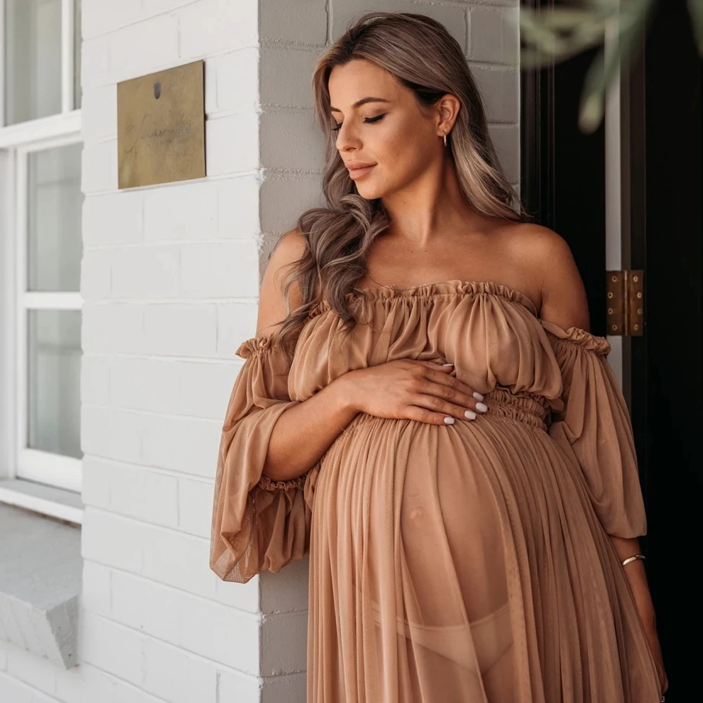 Bohemian Style Maternity Photography Dress Set for Baby Shower Lace Long Sleeve One-Shoulder Chiffon Maxi Dress