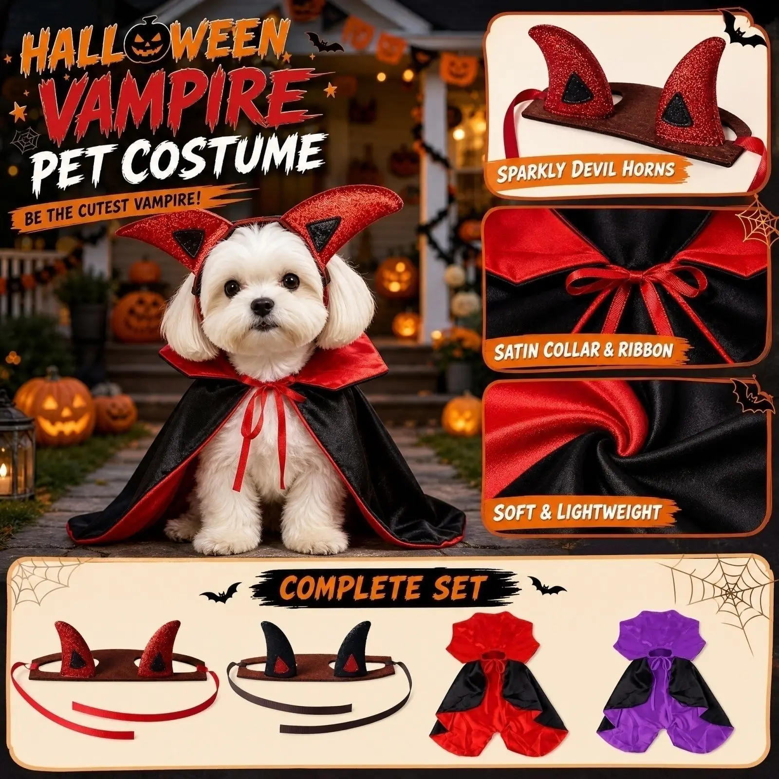 Pet Halloween Vampire Costume Cape for Small to Medium Dogs and Cats, Reversible Black and Red with Purple Option