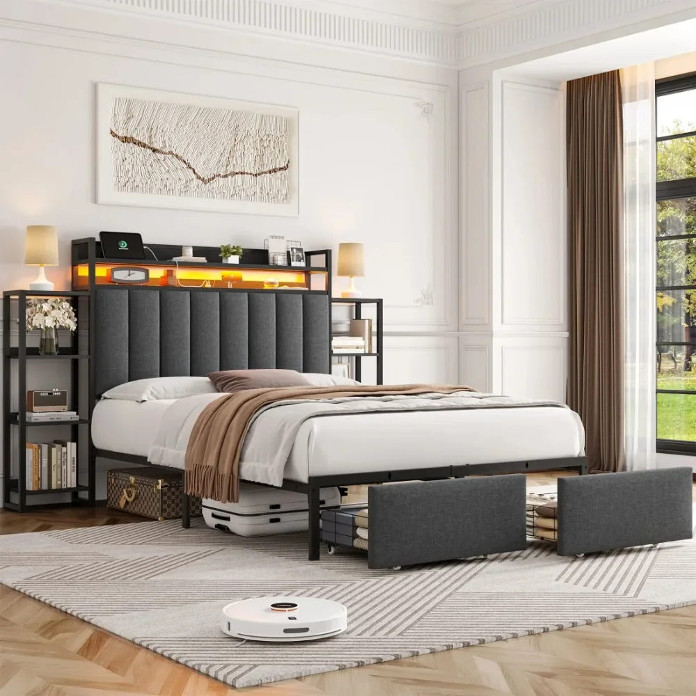 

Full Metal Bed Frame with Drawer and LED Lights, Modern Platform Bed with Charging Station and Side Shelves, Linen Dark Gray