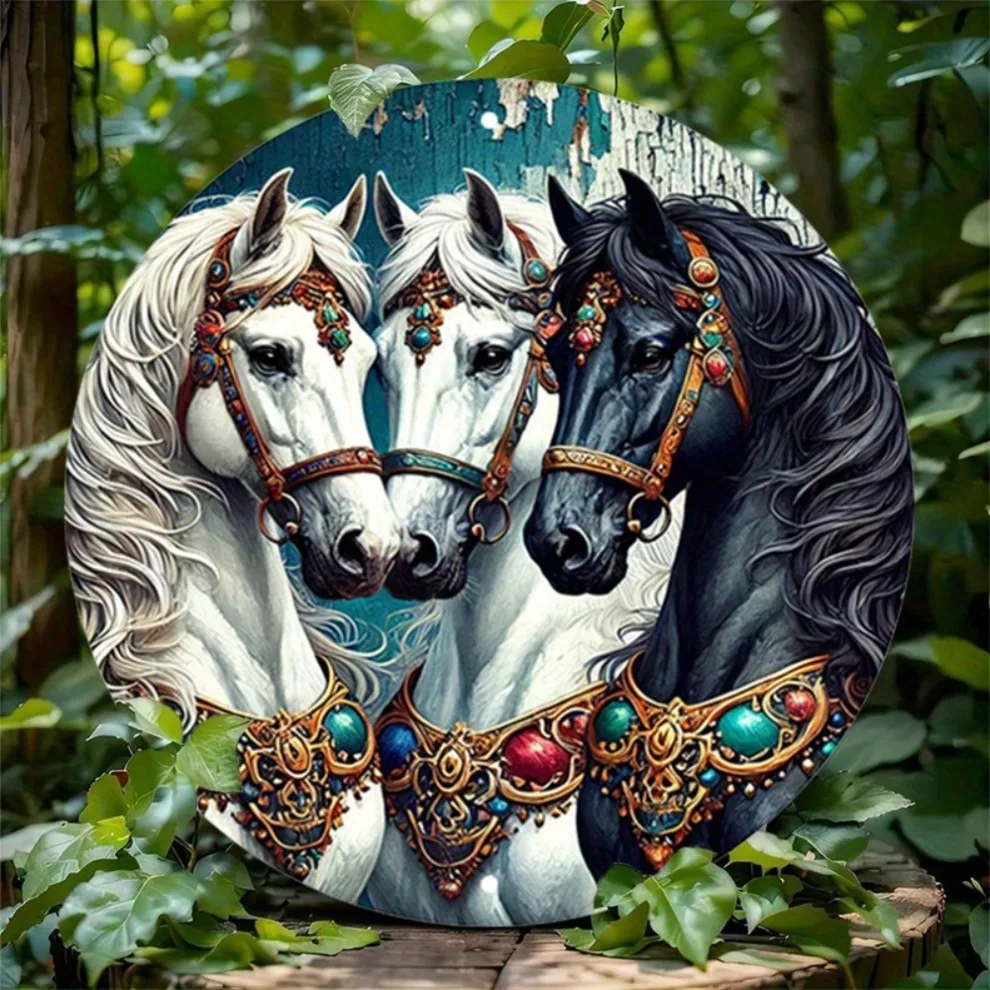 Rundes Aluminium-Pferd-Metallschild im Vintage-Landhausstil – Wandkunst-Dekor mit Tiermotiv für Zuhause, Garage, Restaurant, Café