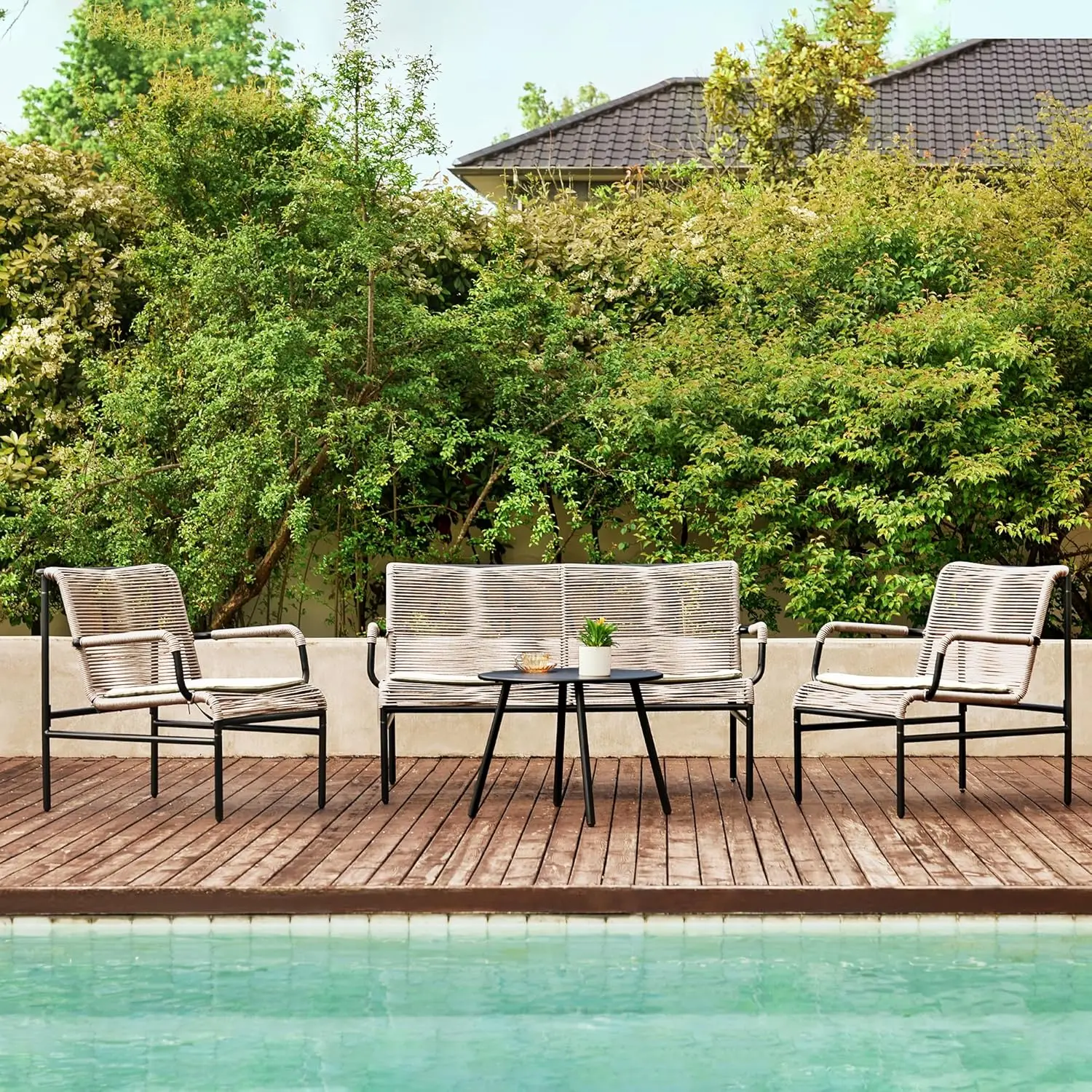 

Outdoor Furniture with PE Wicker Rattan Chairs and Coffee Table, Modern Patio Conversation Set with Soft Cushion for Garden