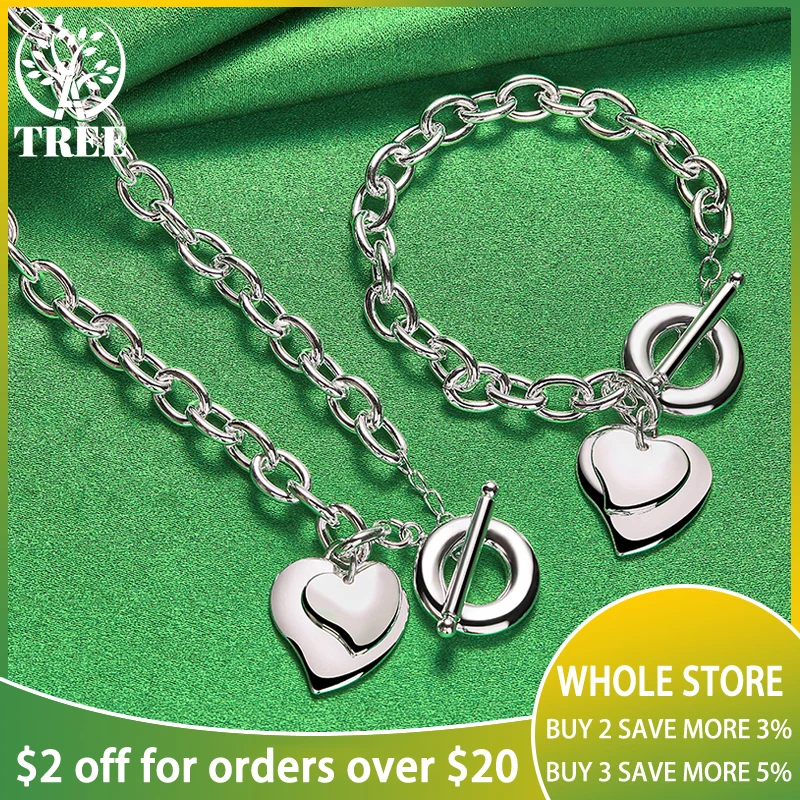 

ALITREE 2pcs 925 Sterling Silver Jewelry Set For Women Fashion Heart Pendant Chain Necklace Bracelet Lady Birthday Wedding Gift