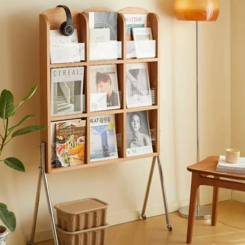 

Nordic Solid Wood Display Stand, Mid-century Magazine Stand, Floor-standing, Modern-ins Mobile Book and Newspaper Storage Stand