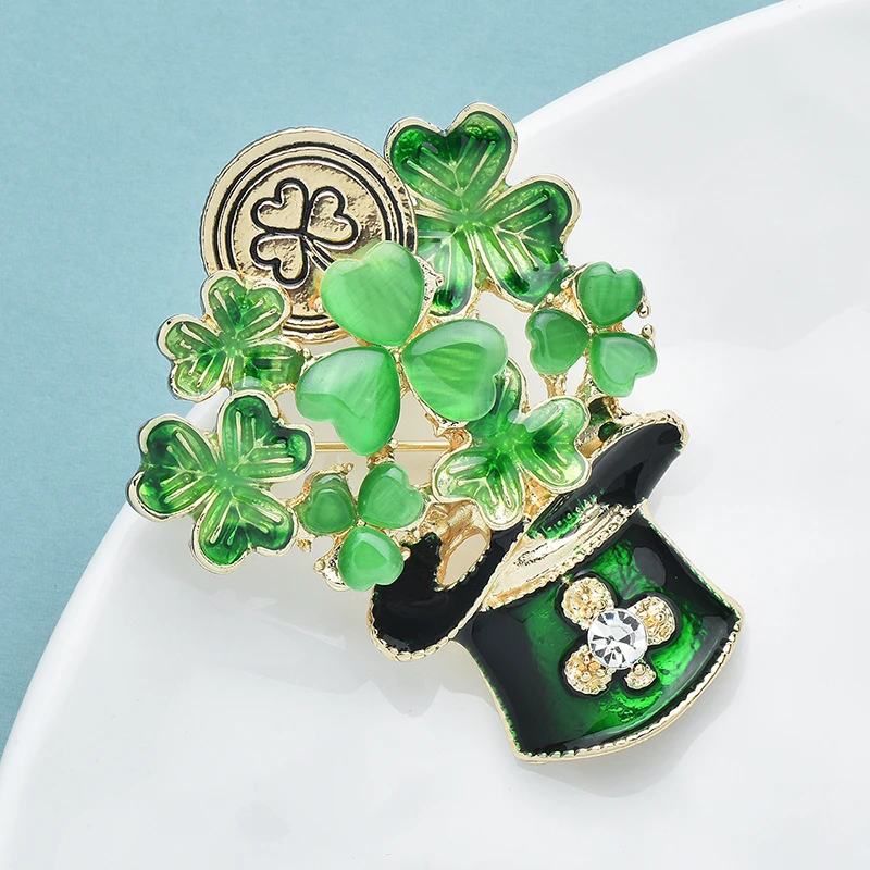 Wuli&baby Opal Shamrock Leaves Brooches For Women Unisex Green Enamel Pot Clover Leaves Plants Party Office Brooch Pins Gifts